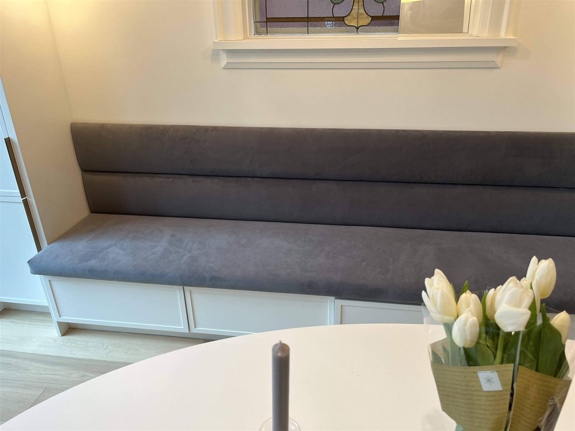 Grey window storage bench