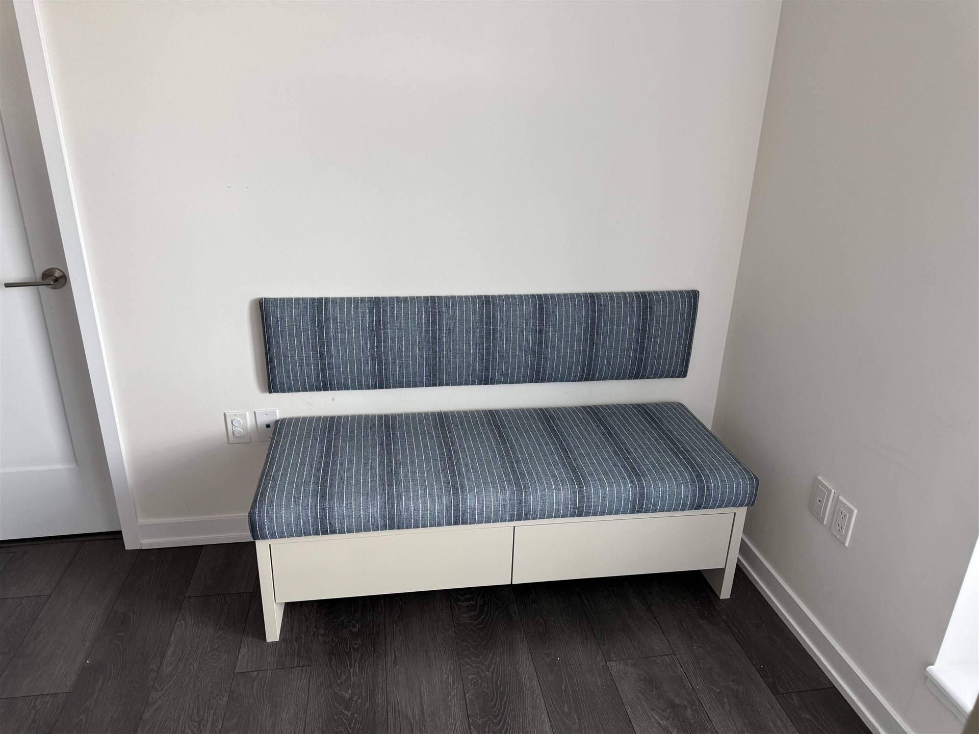 Custom blue striped storage bench with back cushion